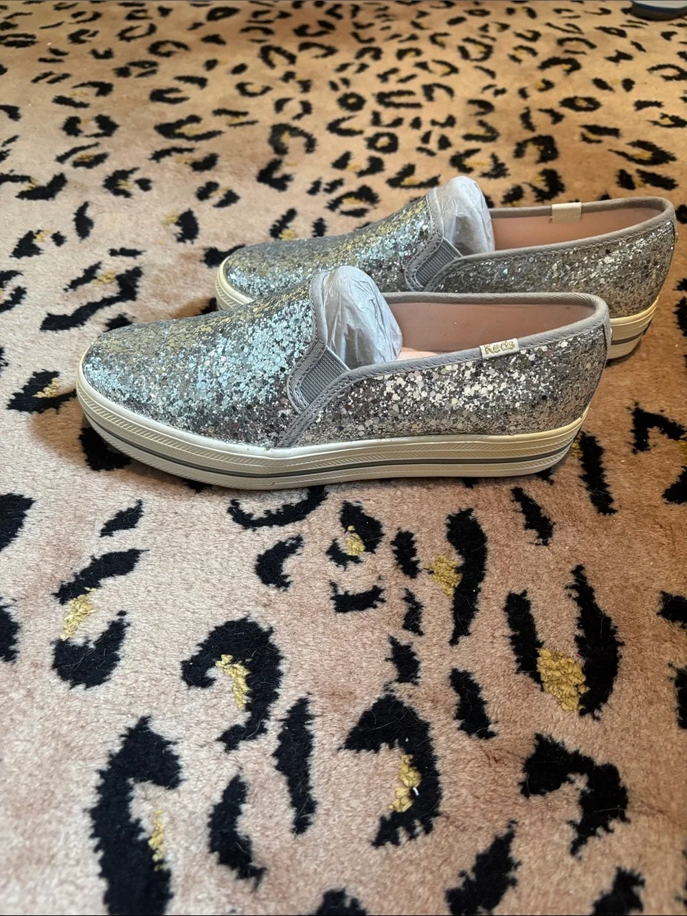 kate spade Keds Silver Glitter Slip-On Sneakers with White Soles - Brand New